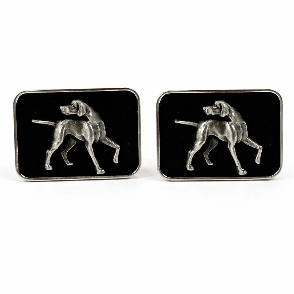 Silver Tone Hunting Dog Pointer Black Enamel Rectangular Cufflinks Mens Jewelry